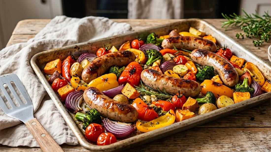 Sausage tray bake recipe with vegetables and spices